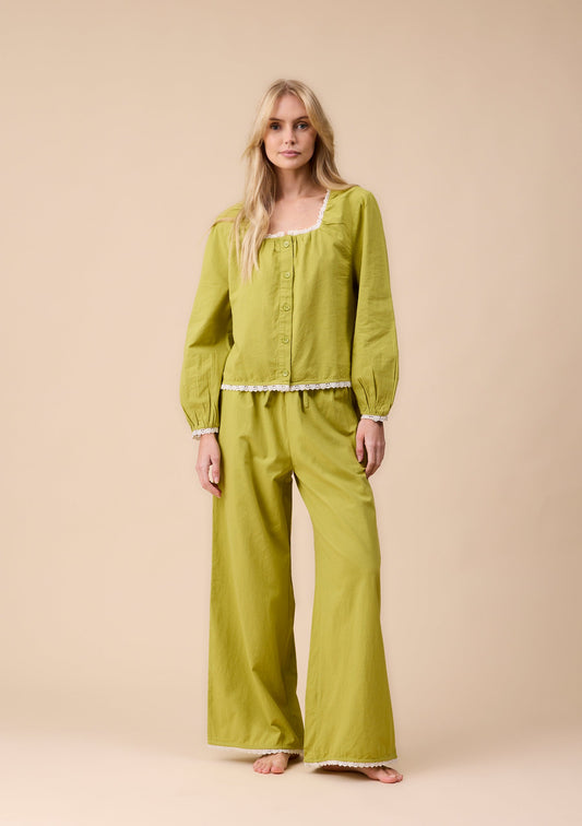 Apple green cotton and linen pyjamas.
