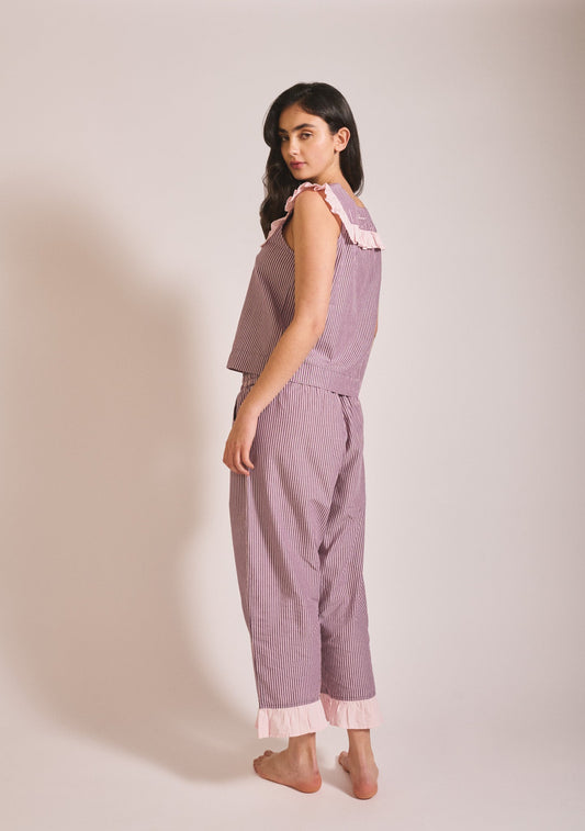 Cropped Cotton Pyjamas - Burgundy Stripe Ruffle