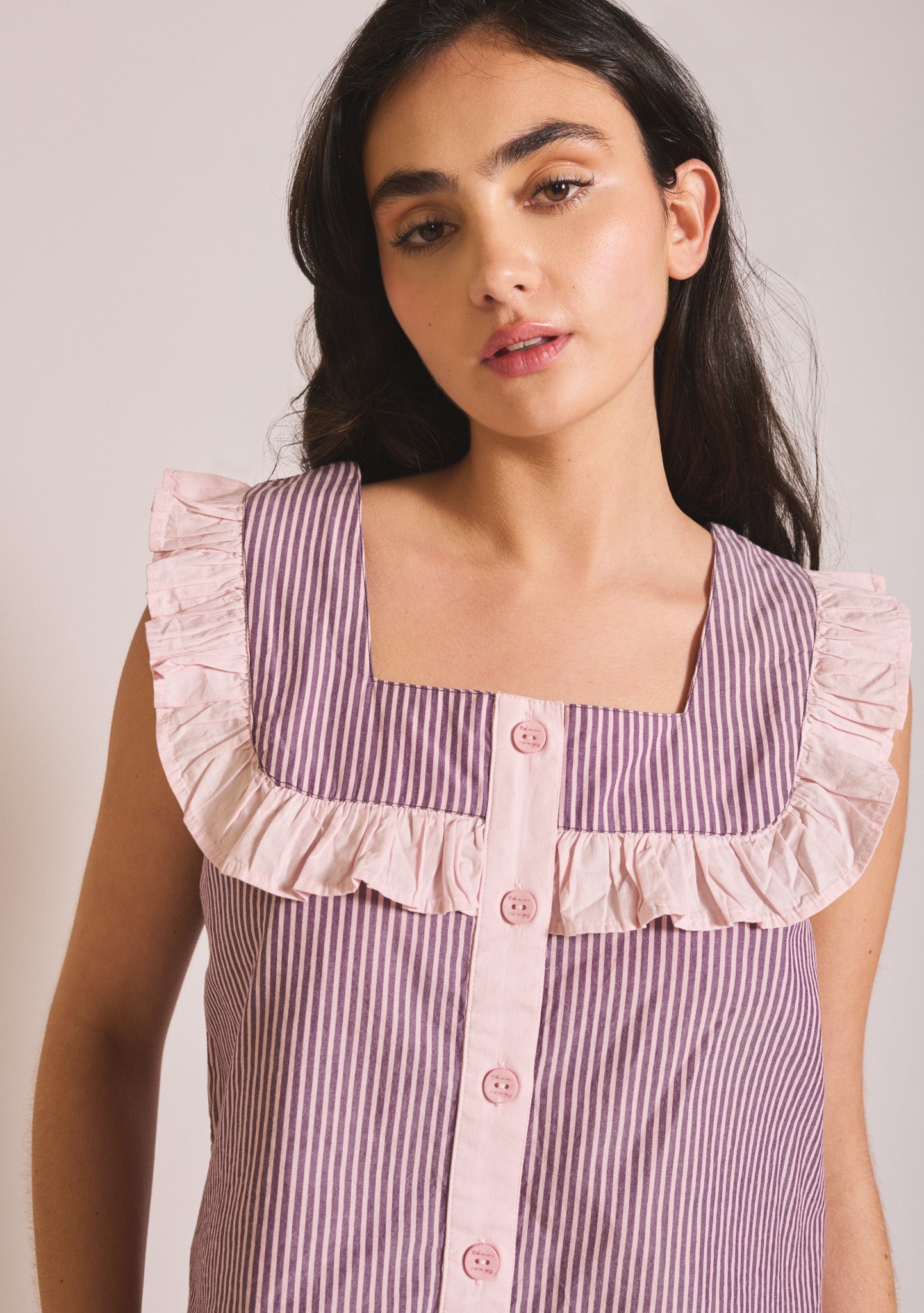 Cropped Cotton Pyjamas - Burgundy Stripe Ruffle