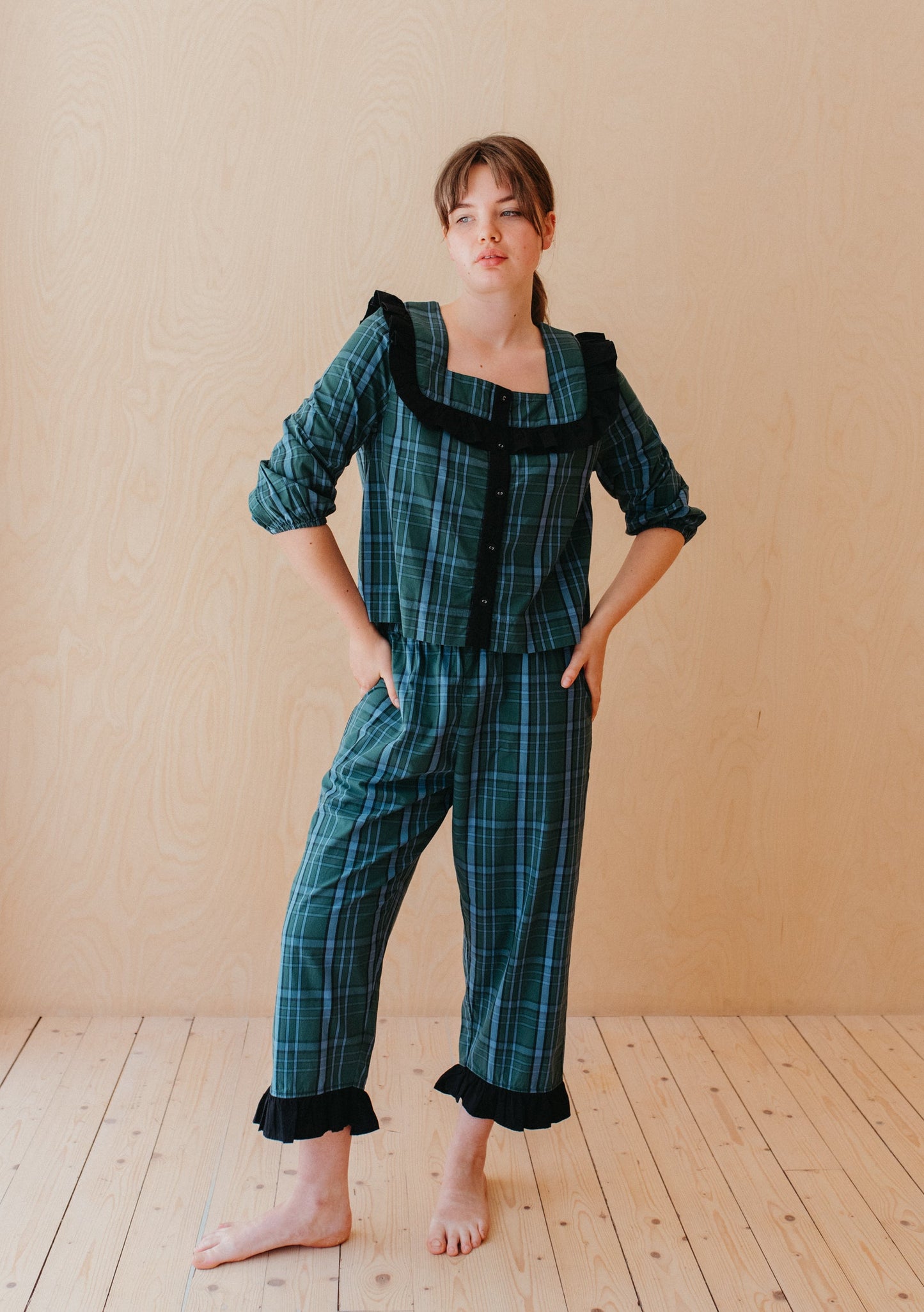 Cropped Cotton Pyjamas - Green Tartan