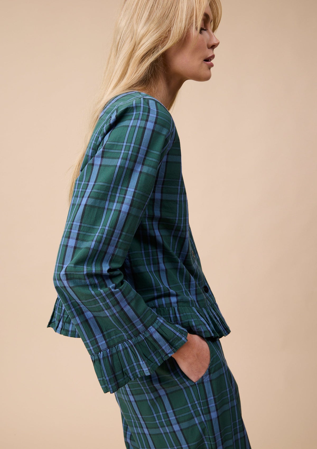 Cropped Cotton Pyjama Set - Green Tartan Ruffle