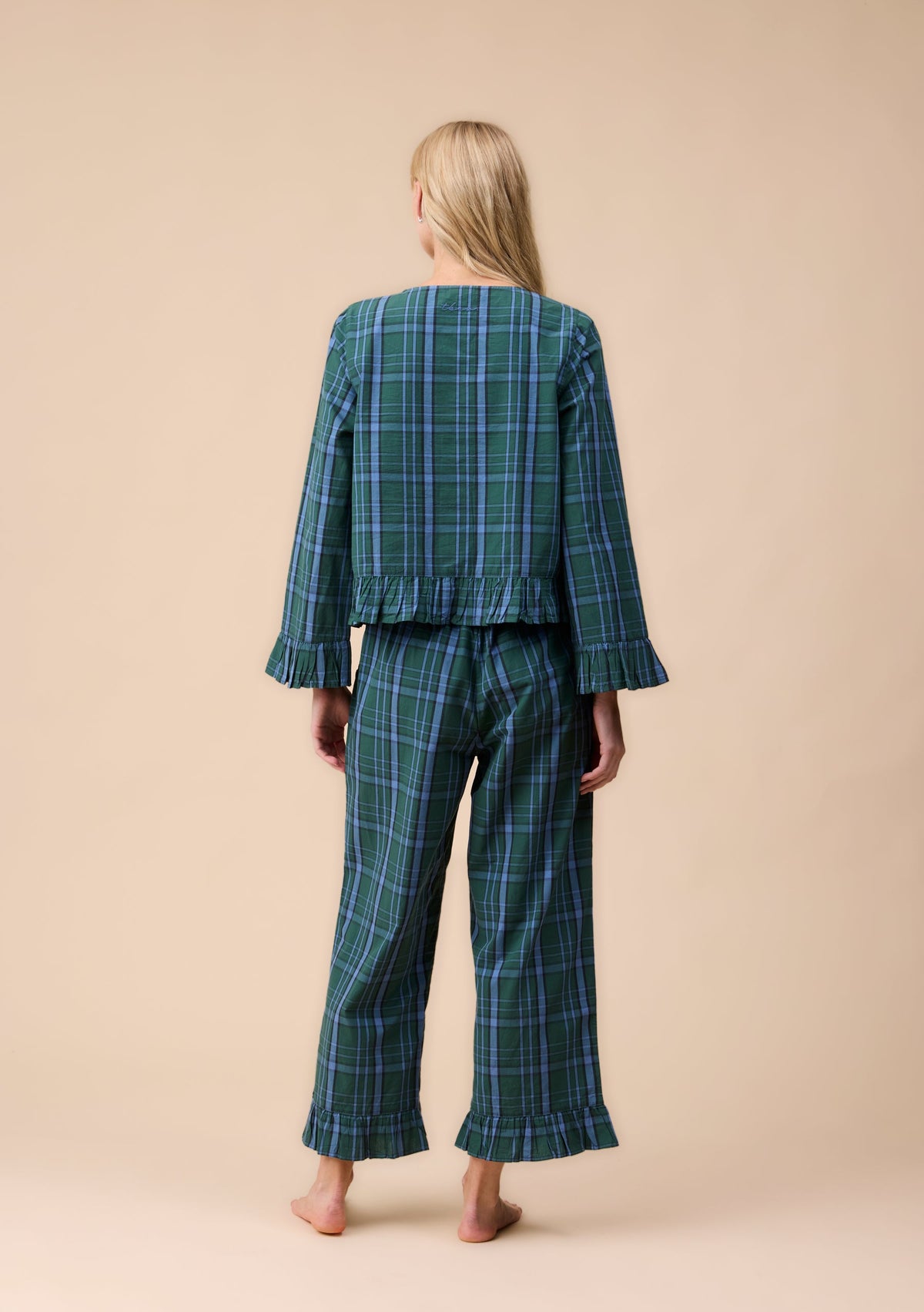 Cropped Cotton Pyjama Set - Green Tartan Ruffle