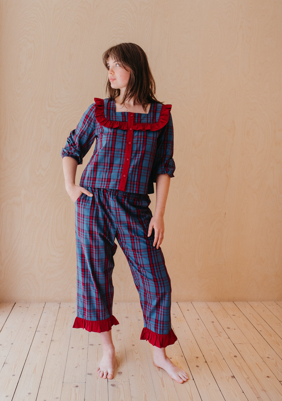 Cropped Cotton Pyjamas - Navy Tartan