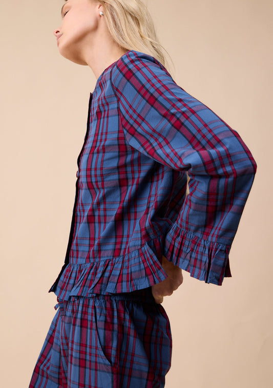 Cropped Cotton Pyjama Set - Navy Tartan Ruffle