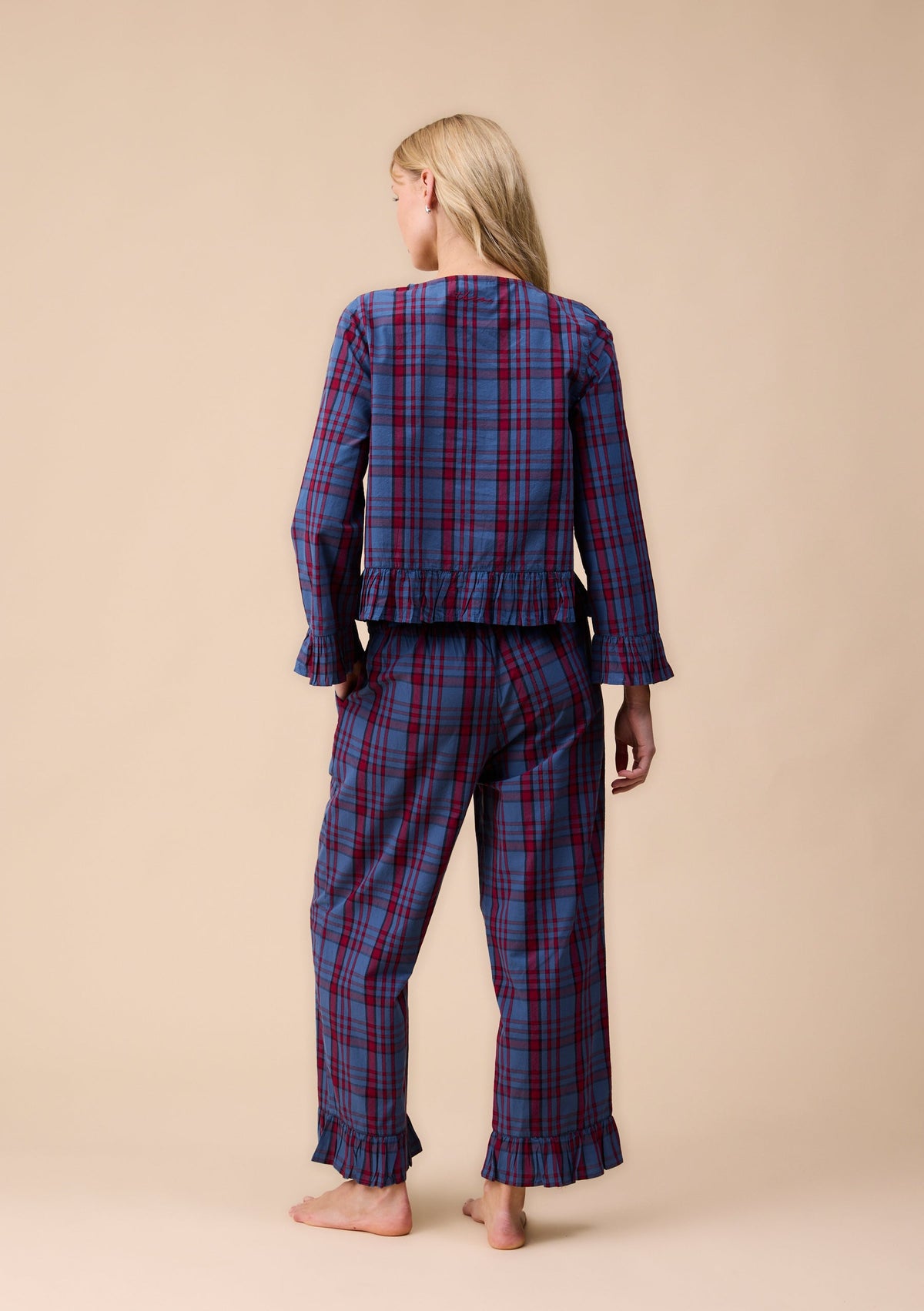 Cropped Cotton Pyjama Set - Navy Tartan Ruffle
