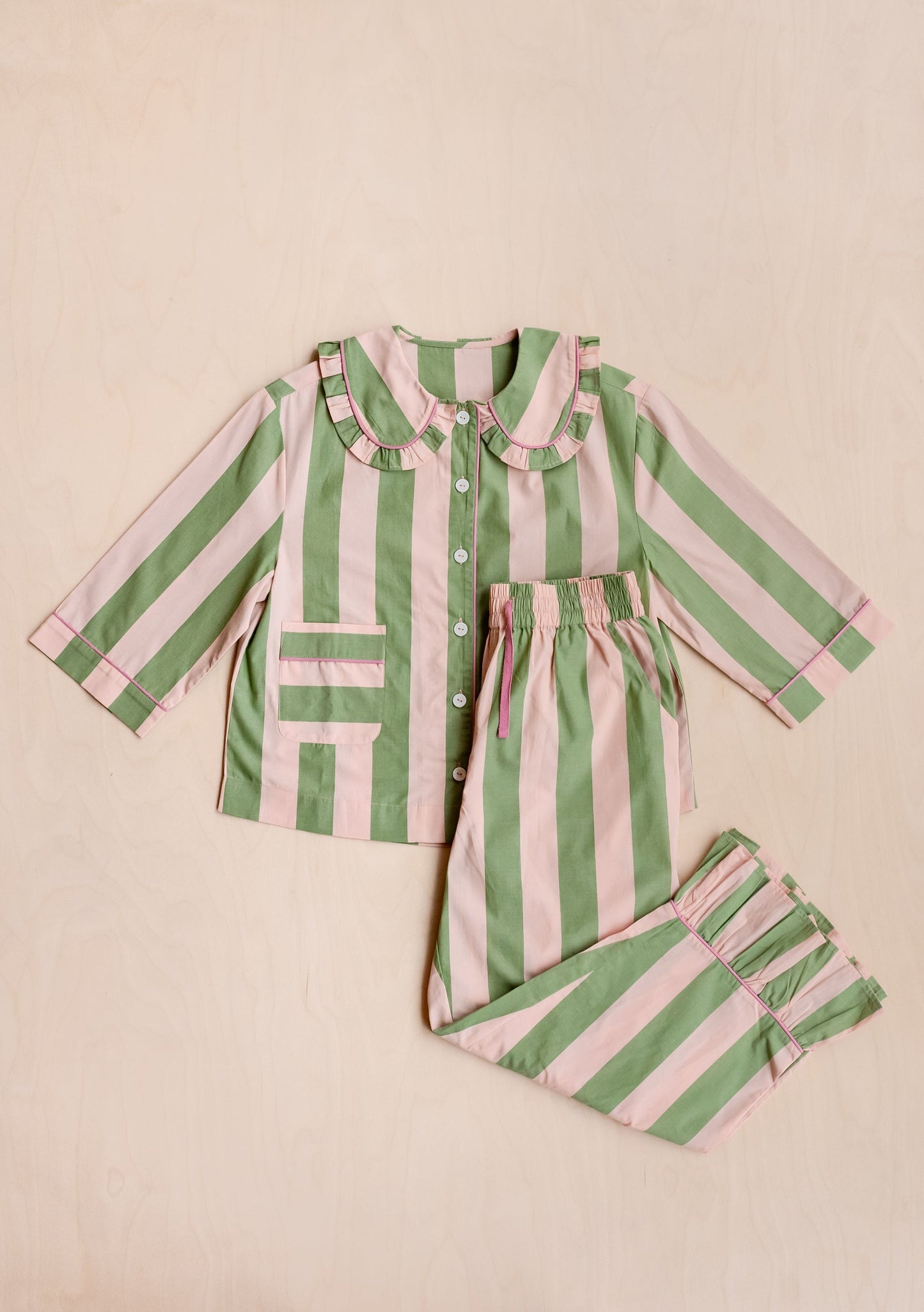 Cropped Cotton Pyjamas - Green Stripe