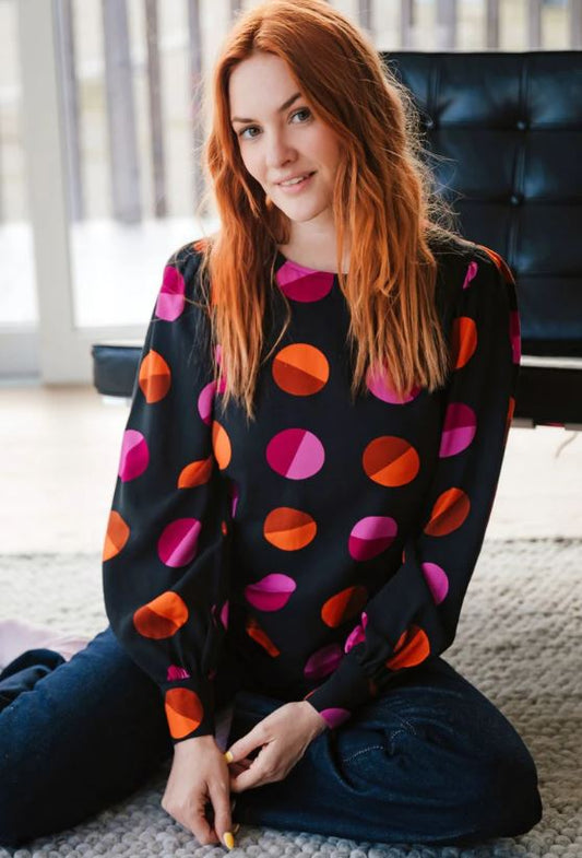 Ronnie Puff Sleeve Top - Black, Split Polka
