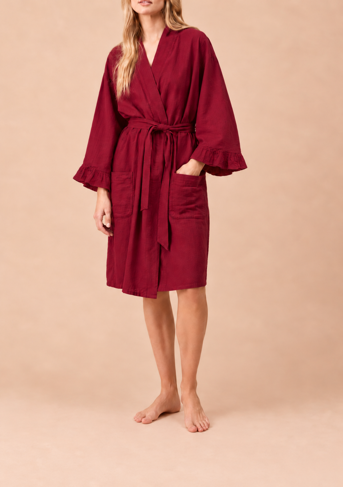 Cotton Robe - Deep Red Ruffle