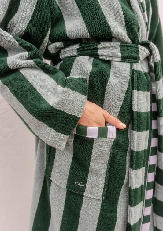 Terry Cotton Bath Robe - Green Stripe