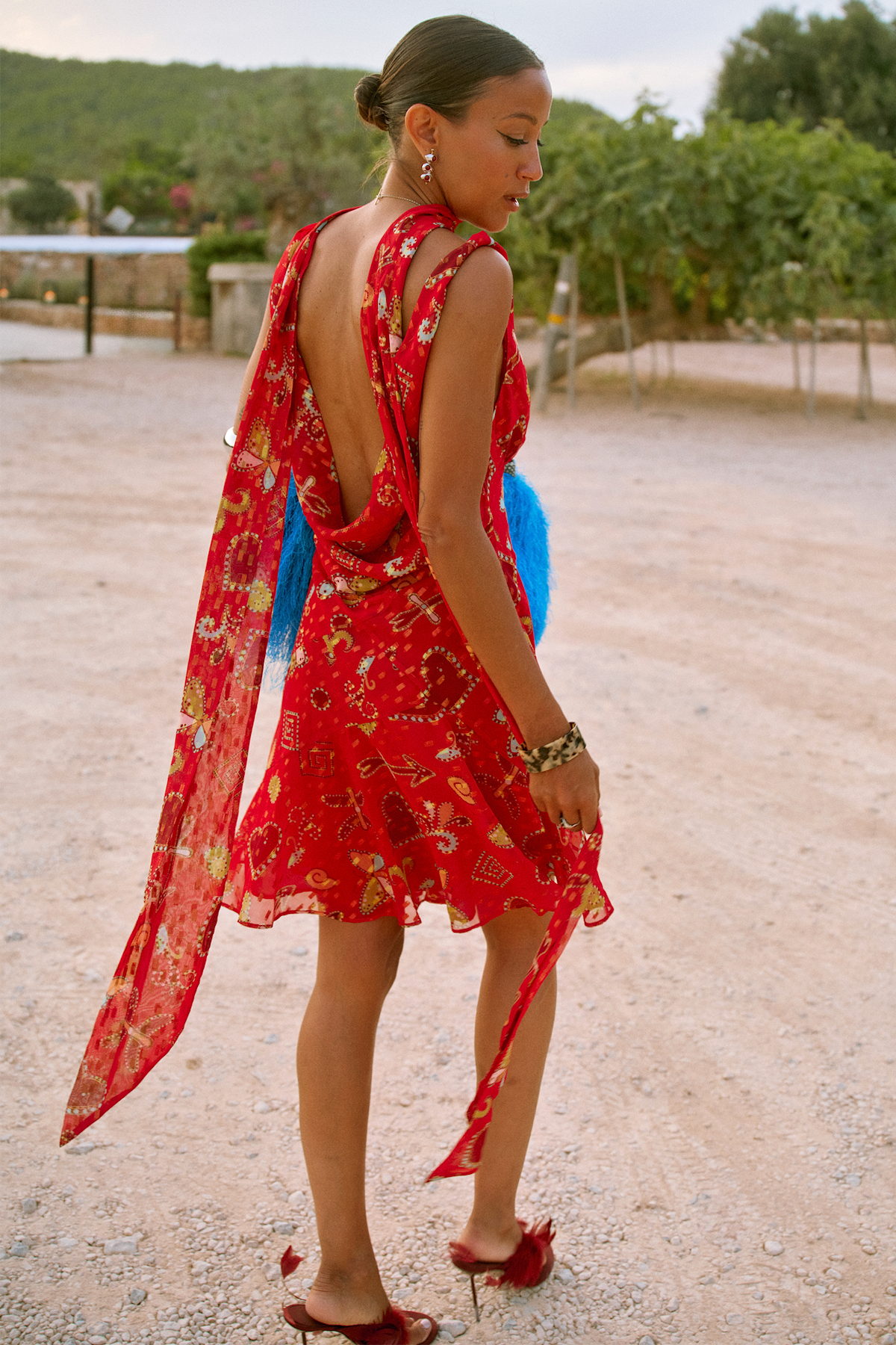 Tomato red graphic print backless mini dress.