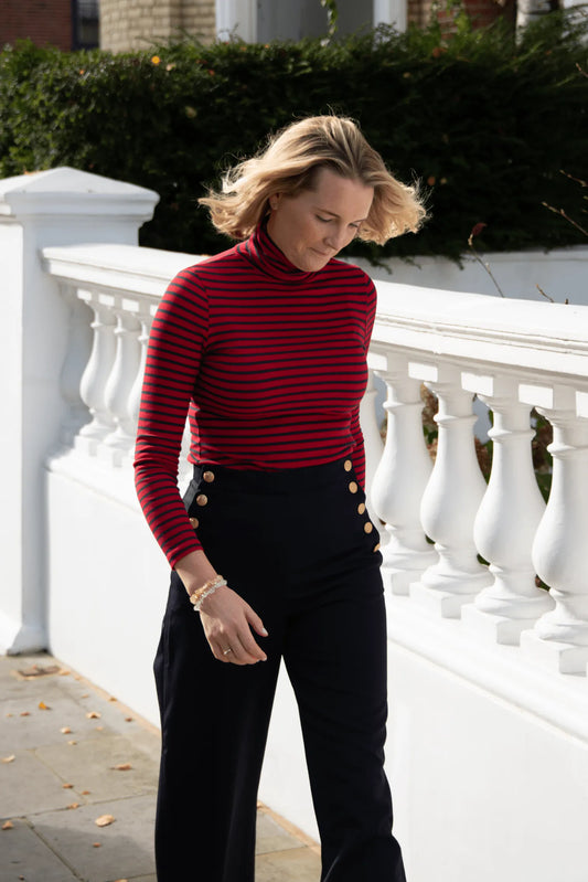 Striped Cotton Roll Neck Dark Red