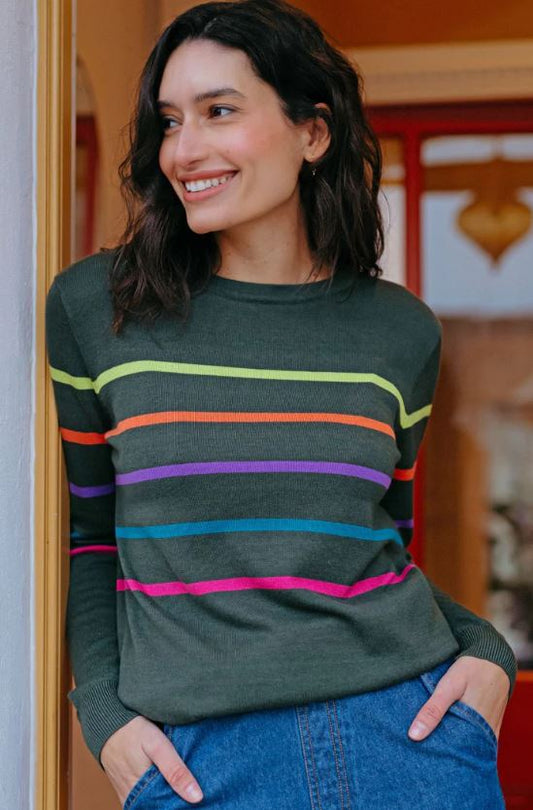 Rita Jumper - Khaki/Multi, Spaced Rainbow Stripes