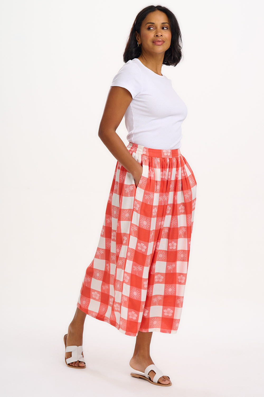 Cecilia Skirt - Off-White/Coral, Tropical Gingham