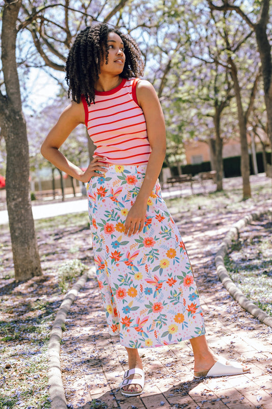 Rosalind Skirt - Off-White, Tropical Hummingbird