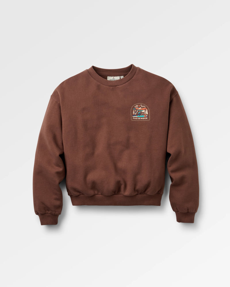 Chestnut brown sweatshirt with PASSENGER logo.