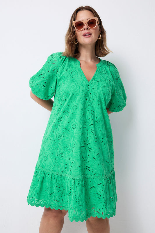 Bright green broderie anglaise mini dress.