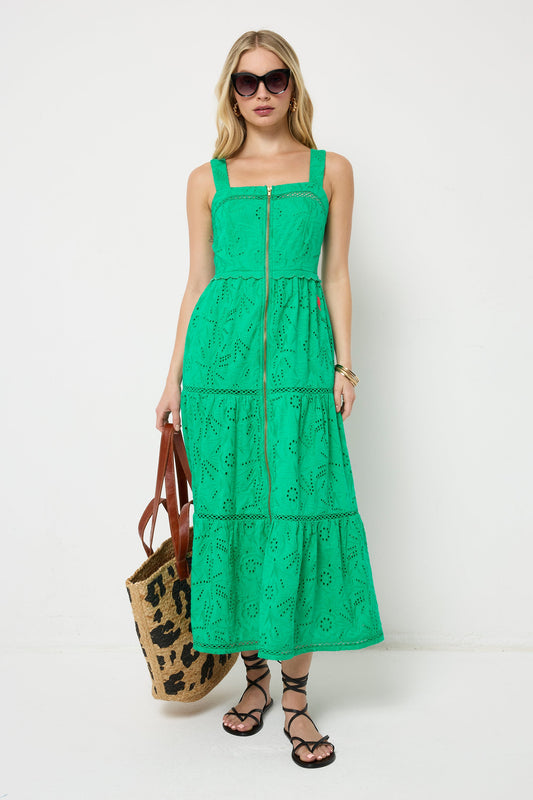 Bright green broderie midi dress.