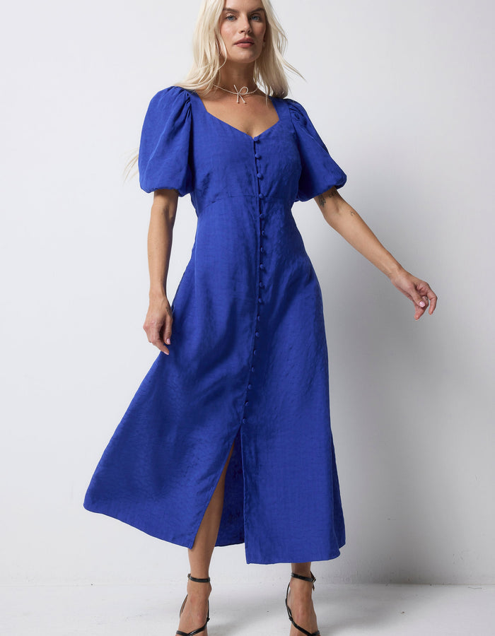 Blue Animal Jacquard Sweetheart Puff Sleeve Midi Tea Dress