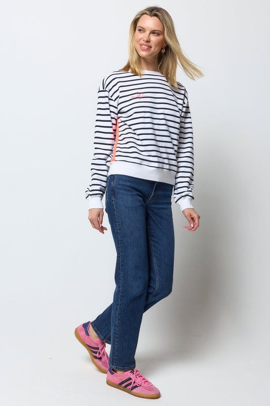Navy and ecru striped cotton sweatshirt.