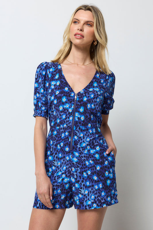 Navy Paradise Cheetah Zip Front Playsuit