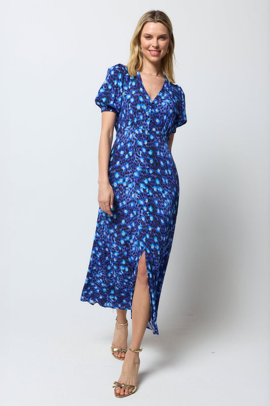 Cobalt blue and navy leopard print tea dress.