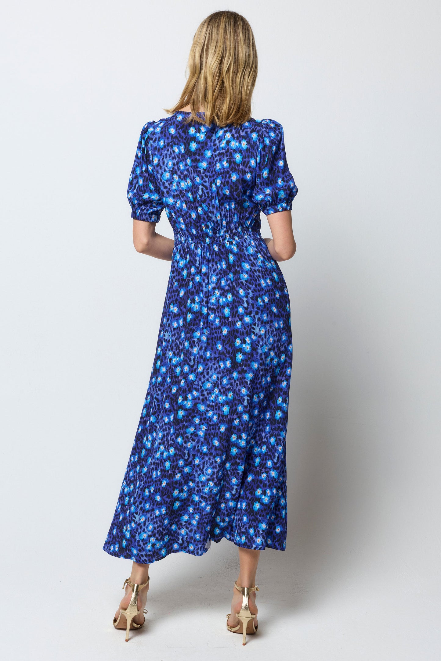 Navy Paradise Cheetah Blouson Sleeve Midi Tea Dress