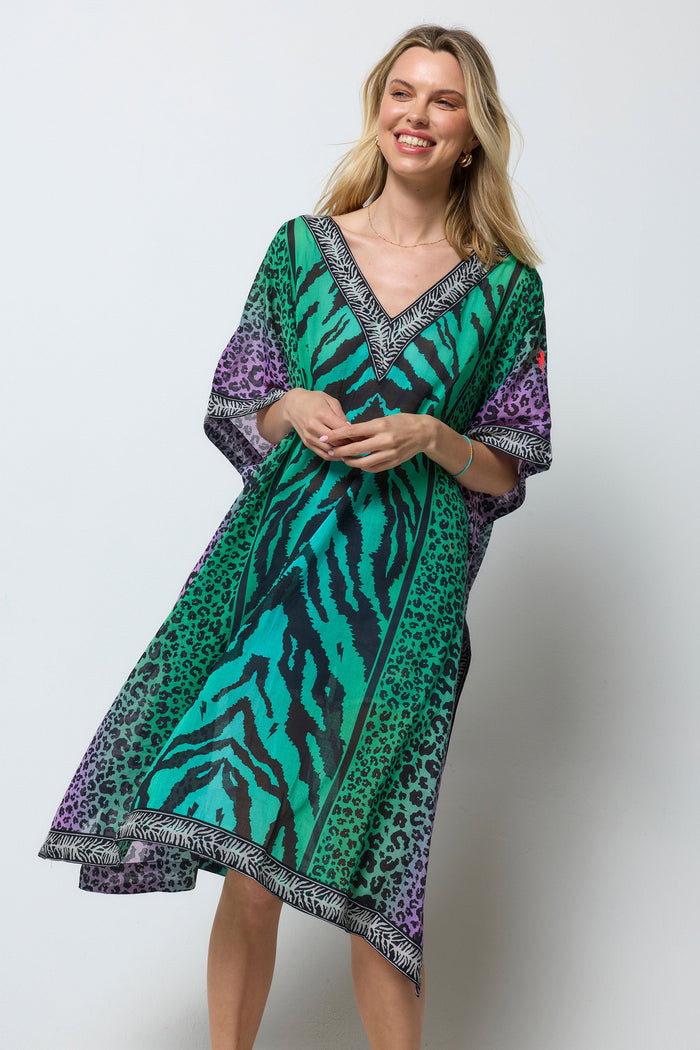 Emerald green animal print kaftan.