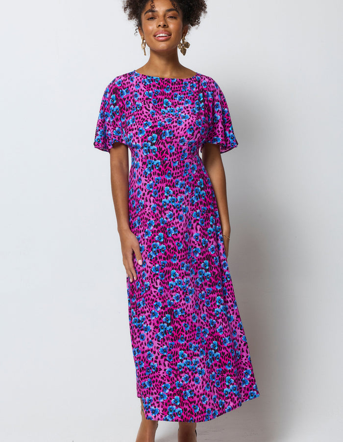 Bright Pink Paradise Cheetah Cape Sleeve Midi Dress
