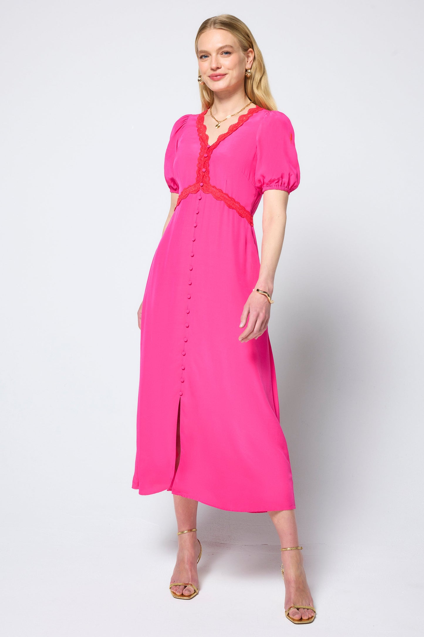 Magenta tea dress with coral lace trim.