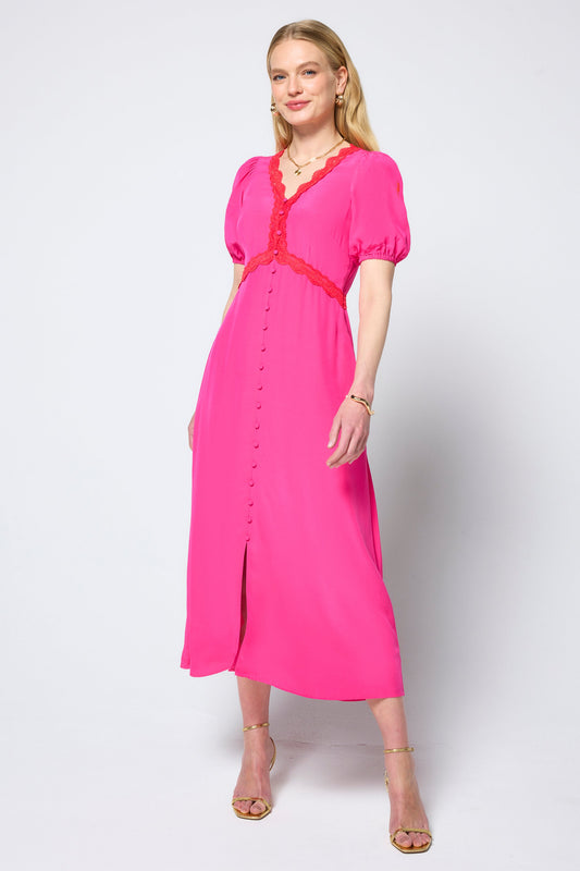 Magenta tea dress with coral lace trim.