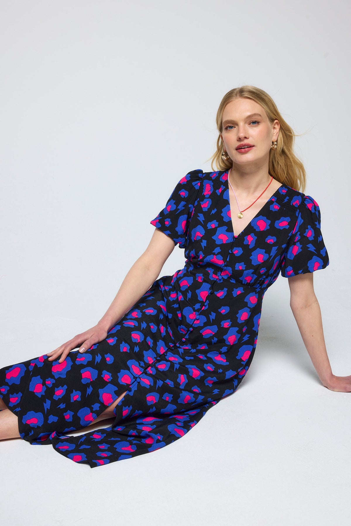 Black with Blue and Pink Shadow Leopard Blouson Sleeve Midi Tea Dress