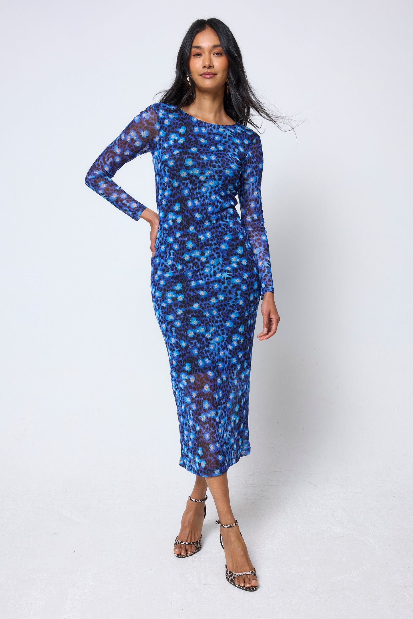 Long sleeve mesh dress in cobalt floral animal print.