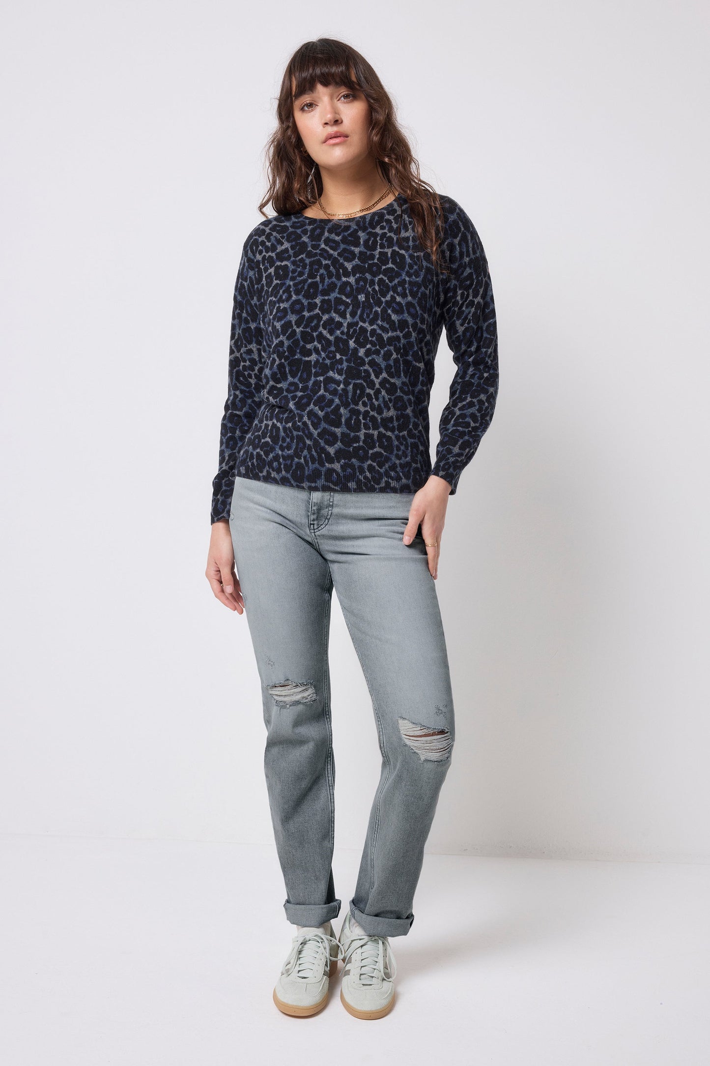 Navy and black soft jaguar print jumper.