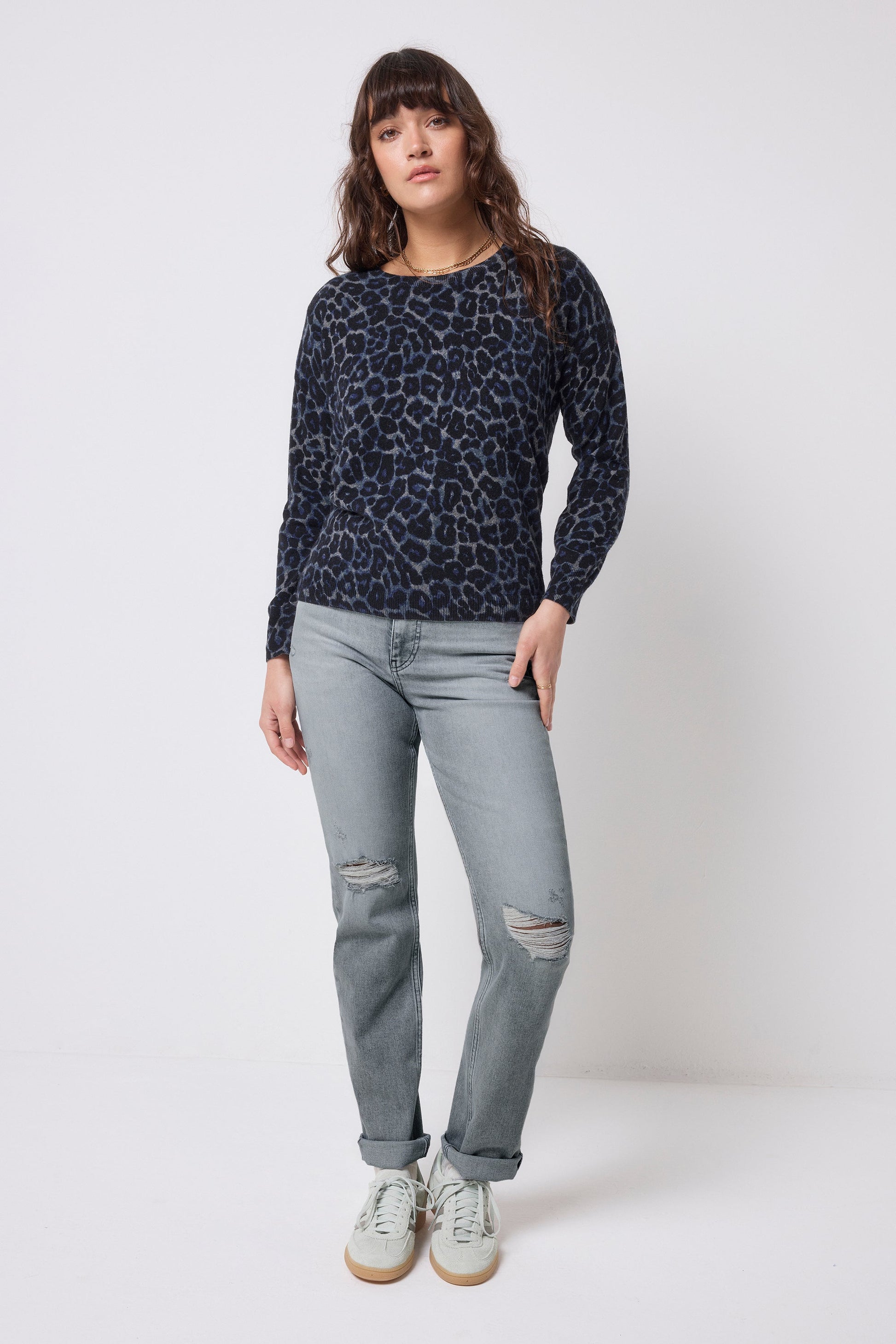 Navy and black soft jaguar print jumper.