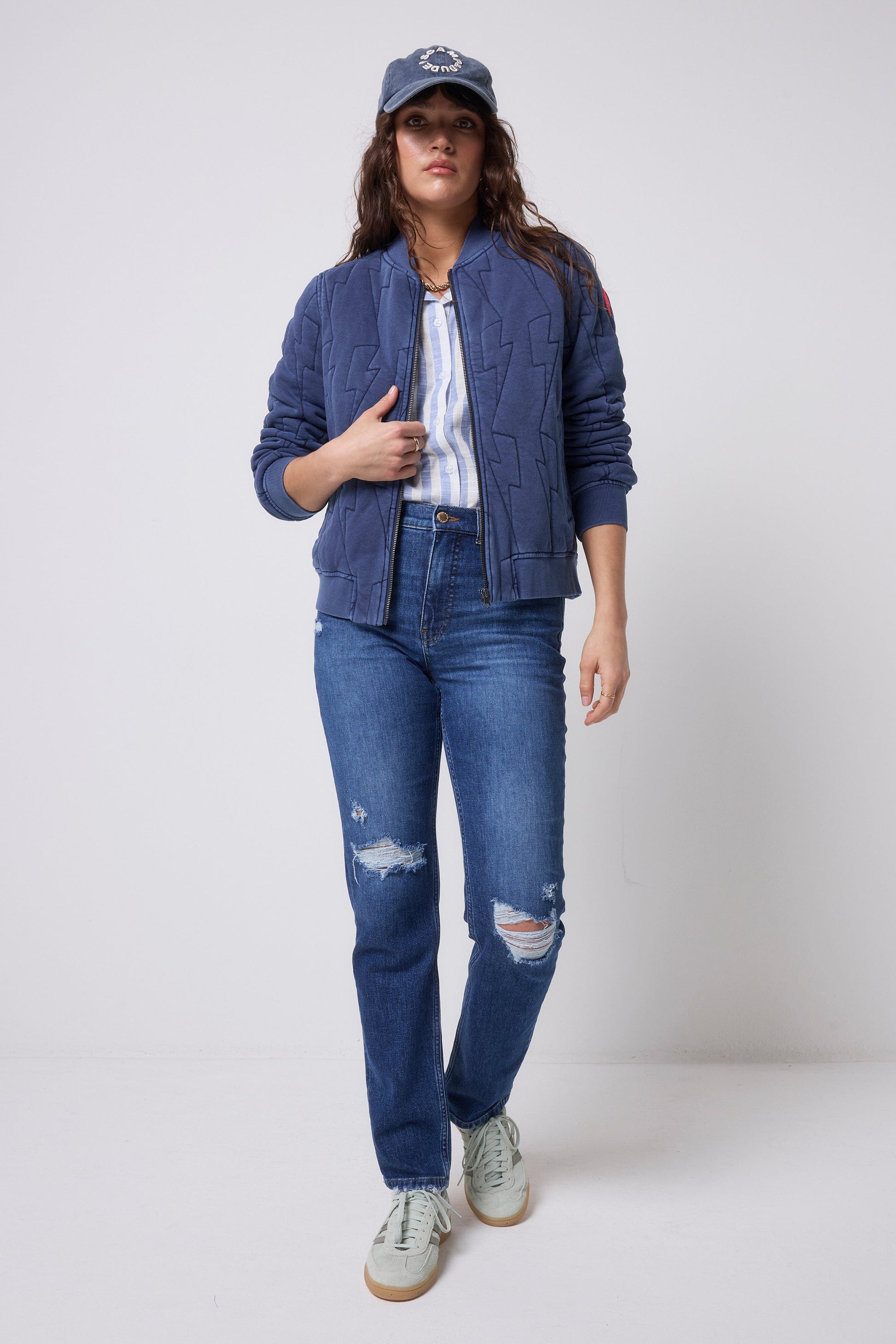 Washed navy quilted bomber jacket