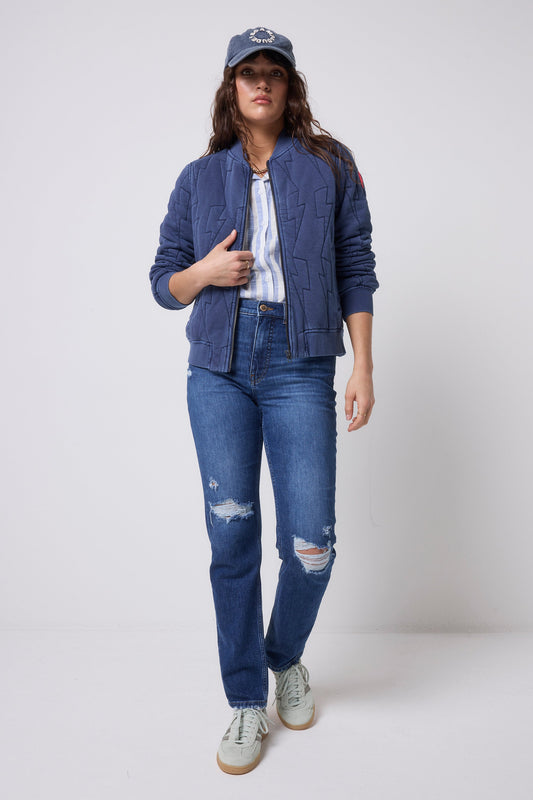 Washed navy quilted bomber jacket