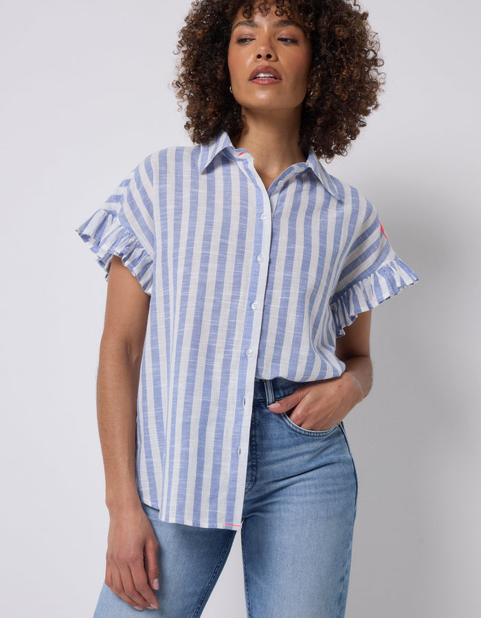 Blue and White Stripe Frill Sleeve Shirt