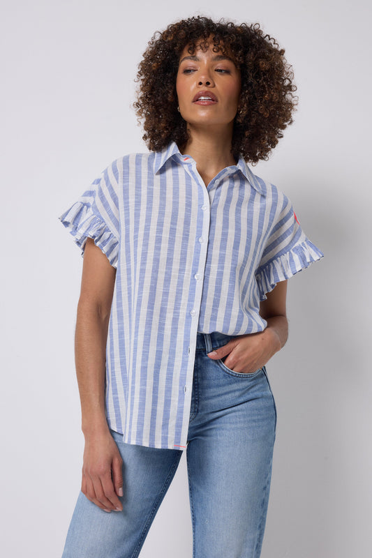 White and blue striped cotton shirt with frill short sleeves.