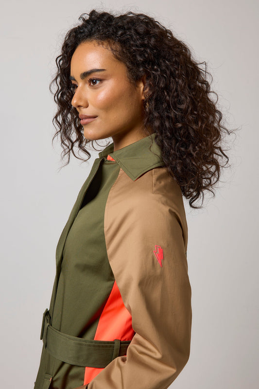 Khaki with Camel and Coral Colourblock Trench Coat