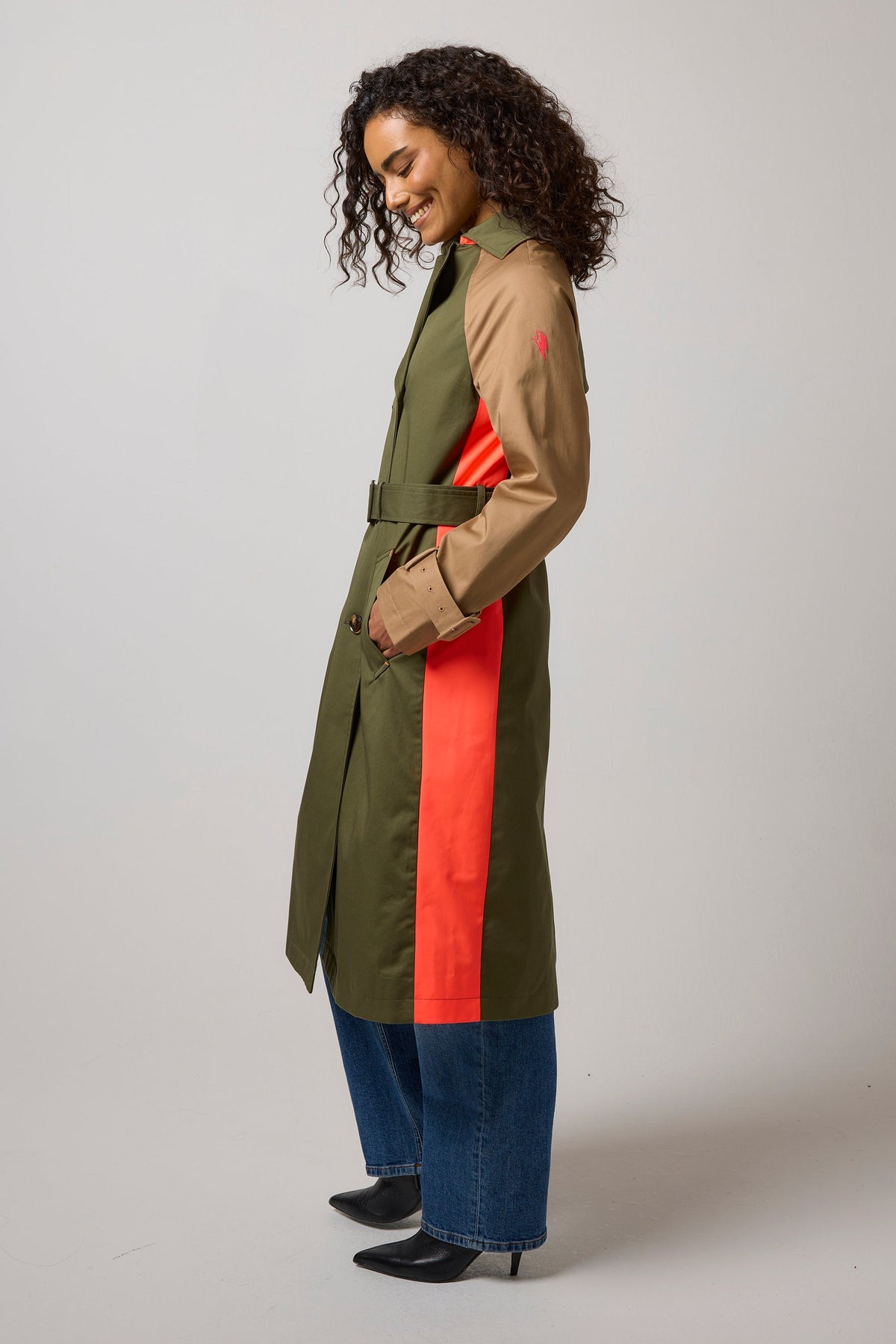 Khaki with Camel and Coral Colourblock Trench Coat