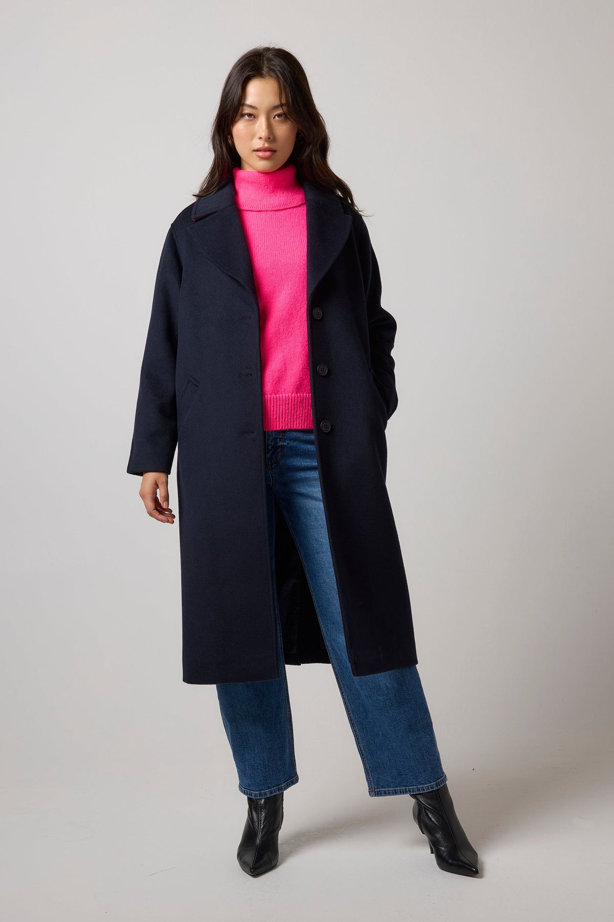Navy with Neon Pink Wool Blend Coat