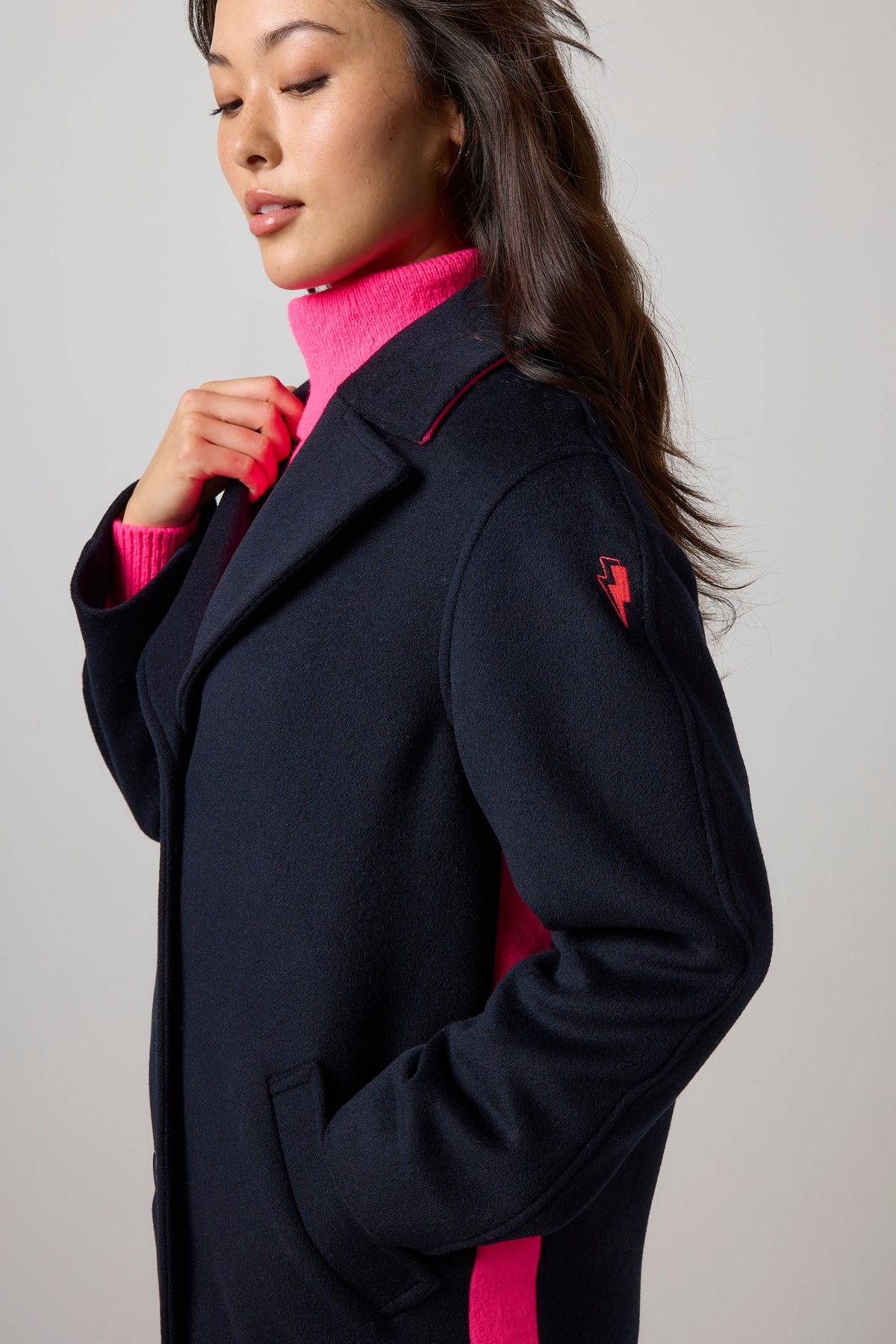 Navy with Neon Pink Wool Blend Coat