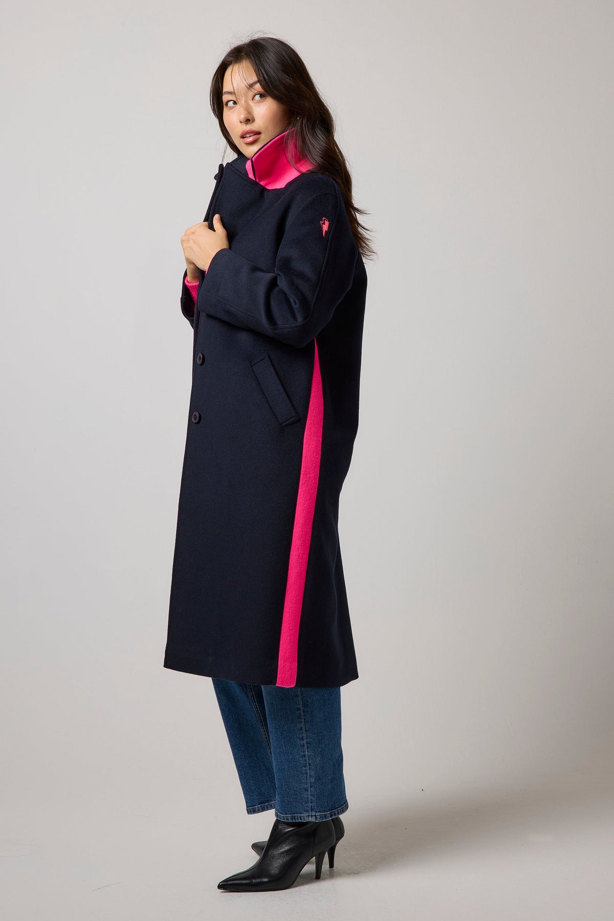 Navy with Neon Pink Wool Blend Coat