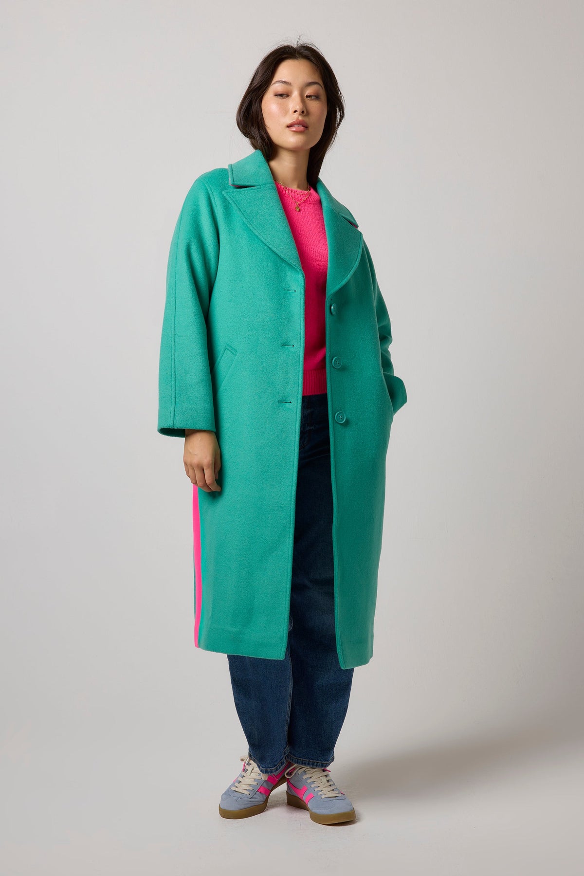 Green with Neon Pink Wool Blend Coat
