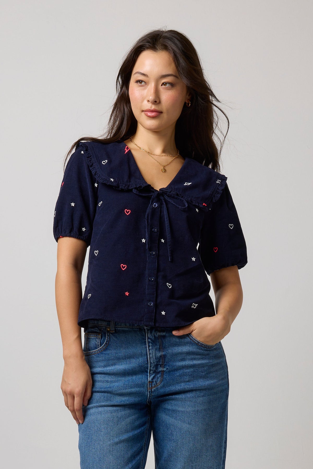 Navy Embroidered Cord Collared Blouse