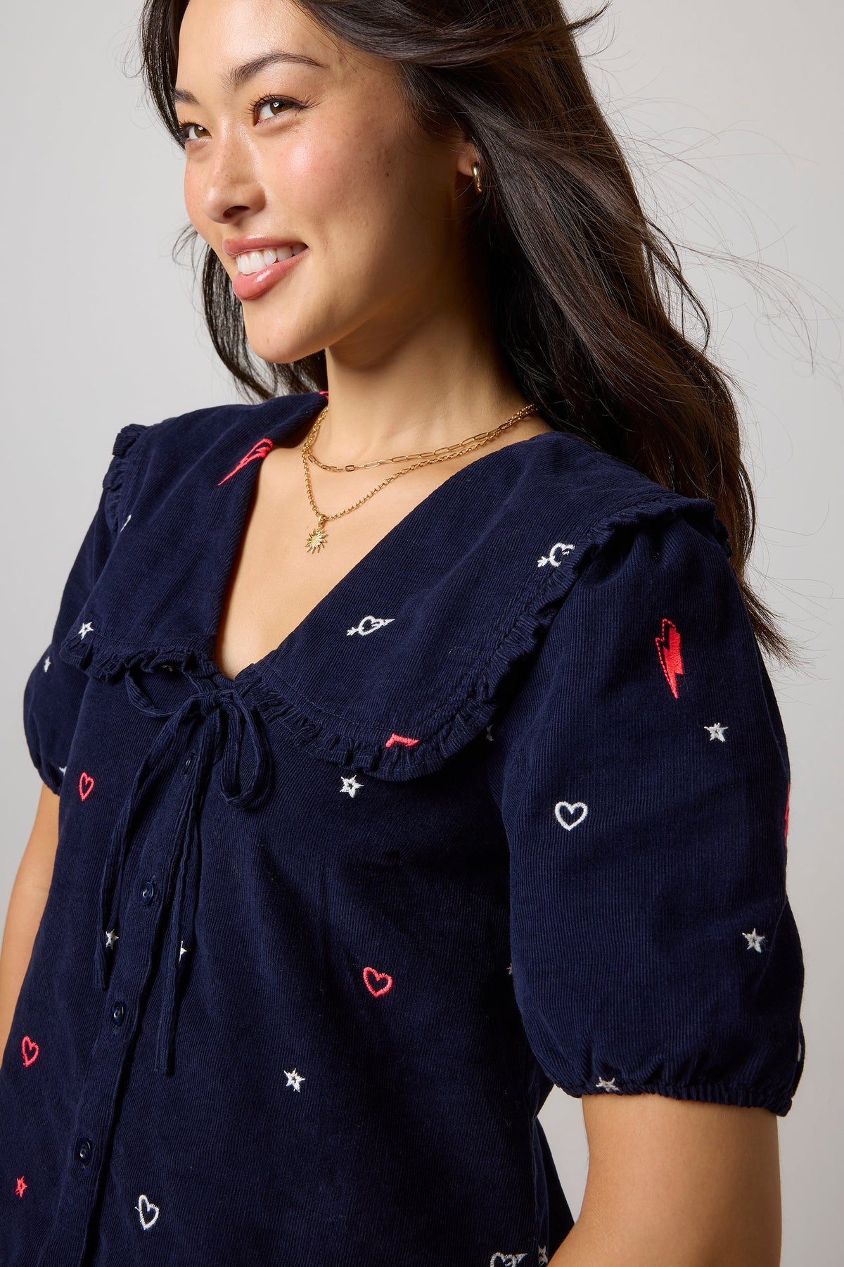 Navy Embroidered Cord Collared Blouse