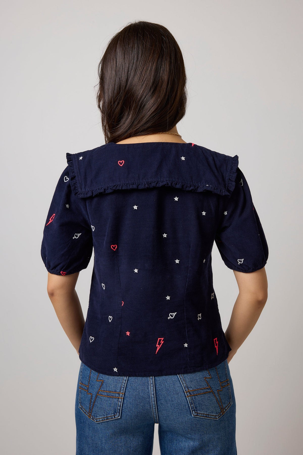Navy Embroidered Cord Collared Blouse