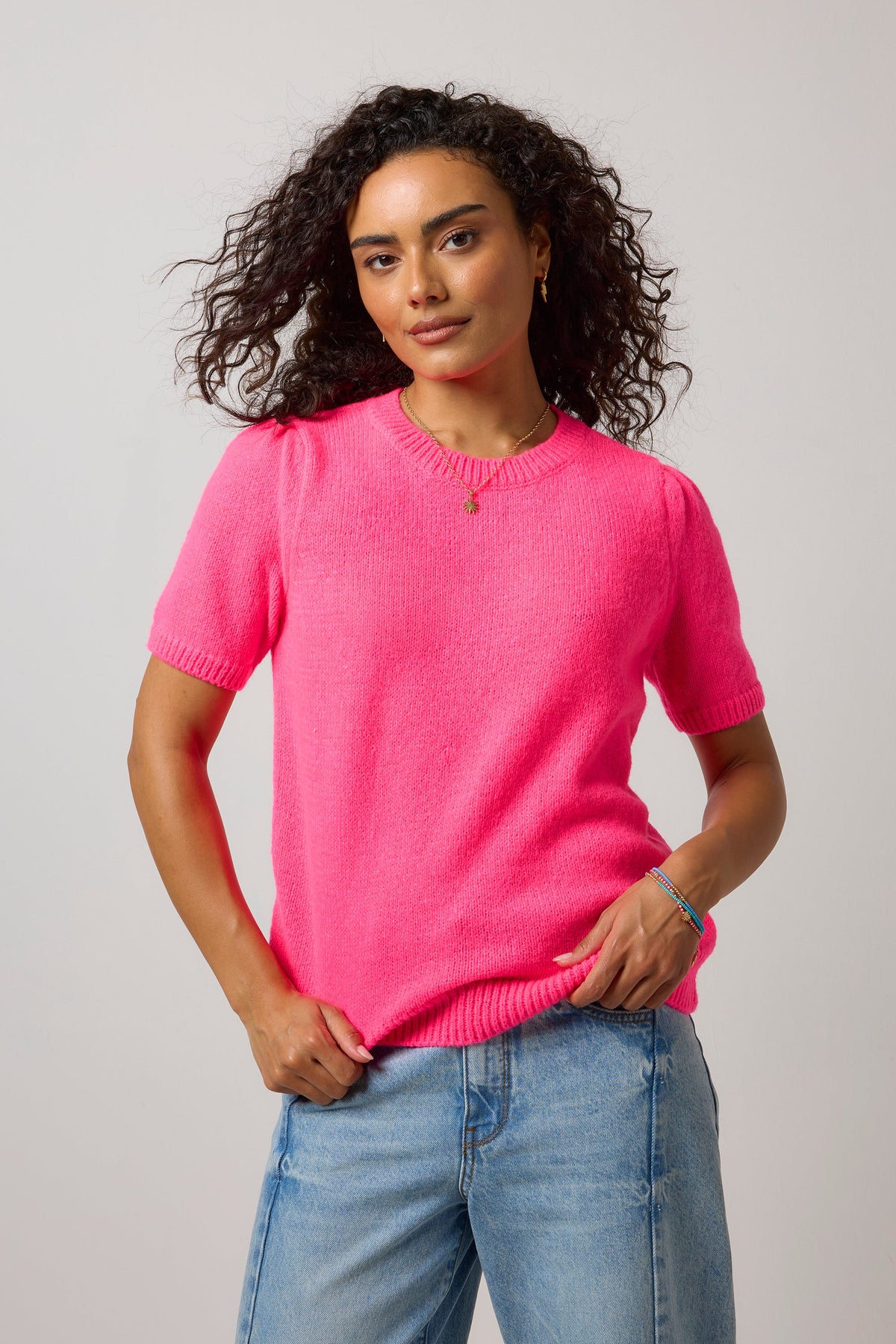 Neon Pink Short Sleeve Knit Top