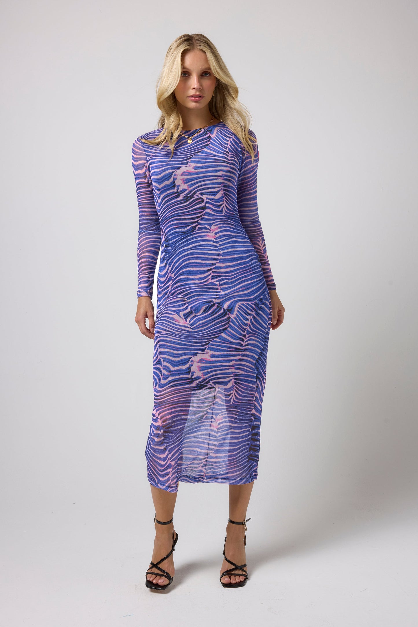 Blue and pink abstract print mesh dress.