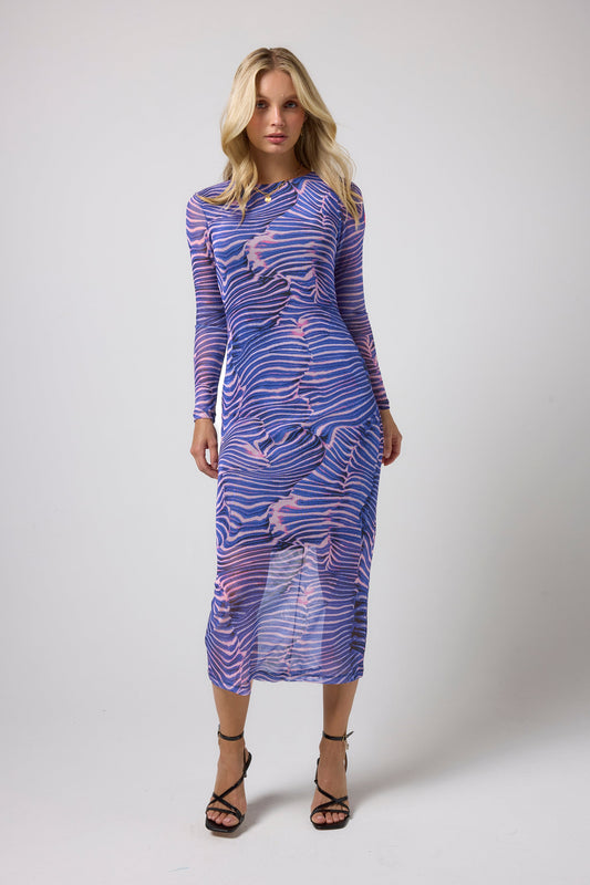 Blue and pink abstract print mesh dress.